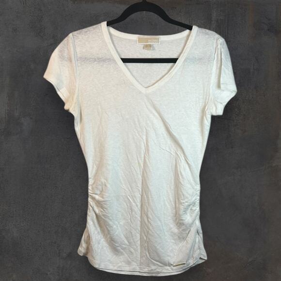 Michael Kors White T Shirt Women's Size S V Neck Scrunch Sides‎ Semitransparent - Picture 1 of 8